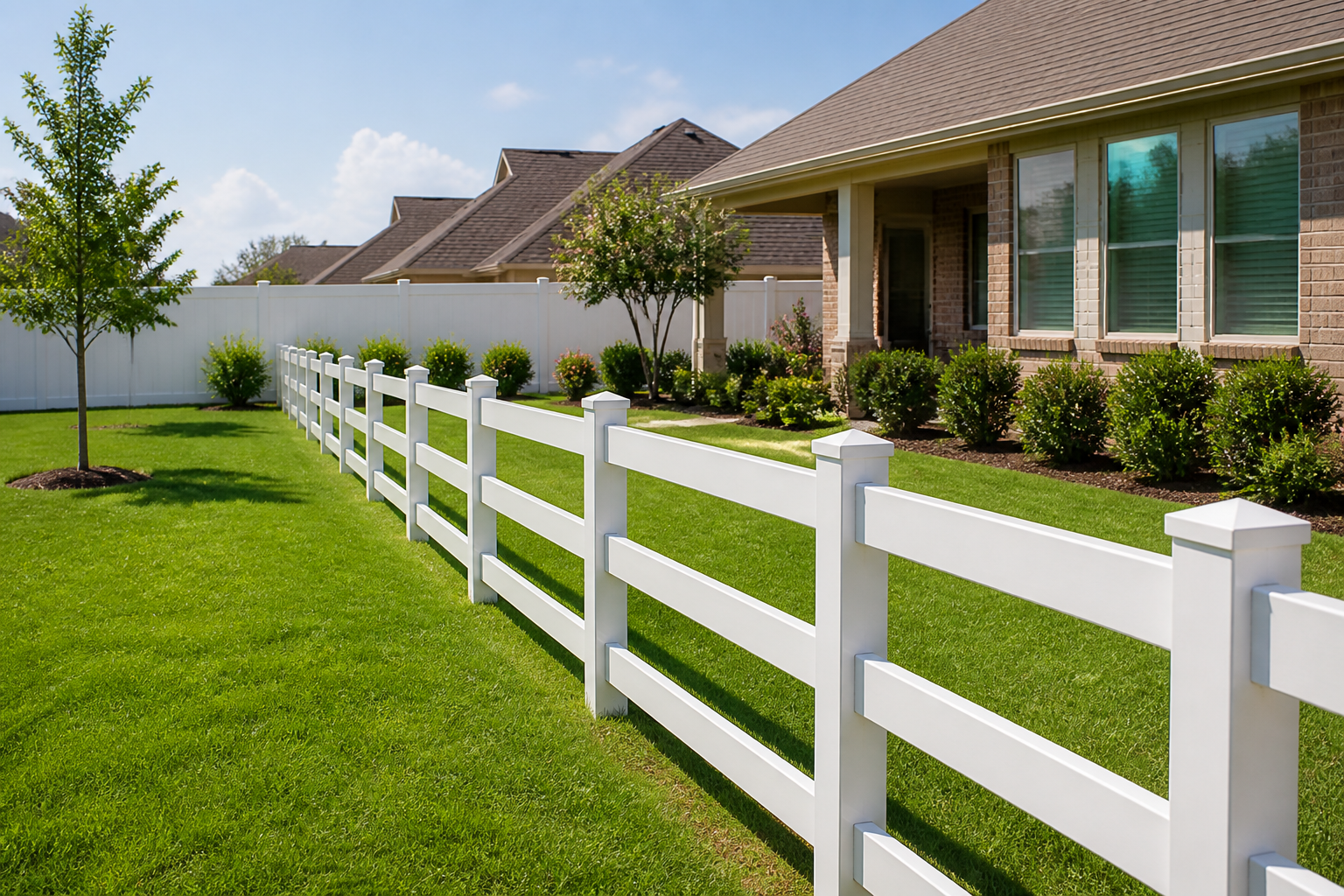 White fence beside well-maintained lawn.