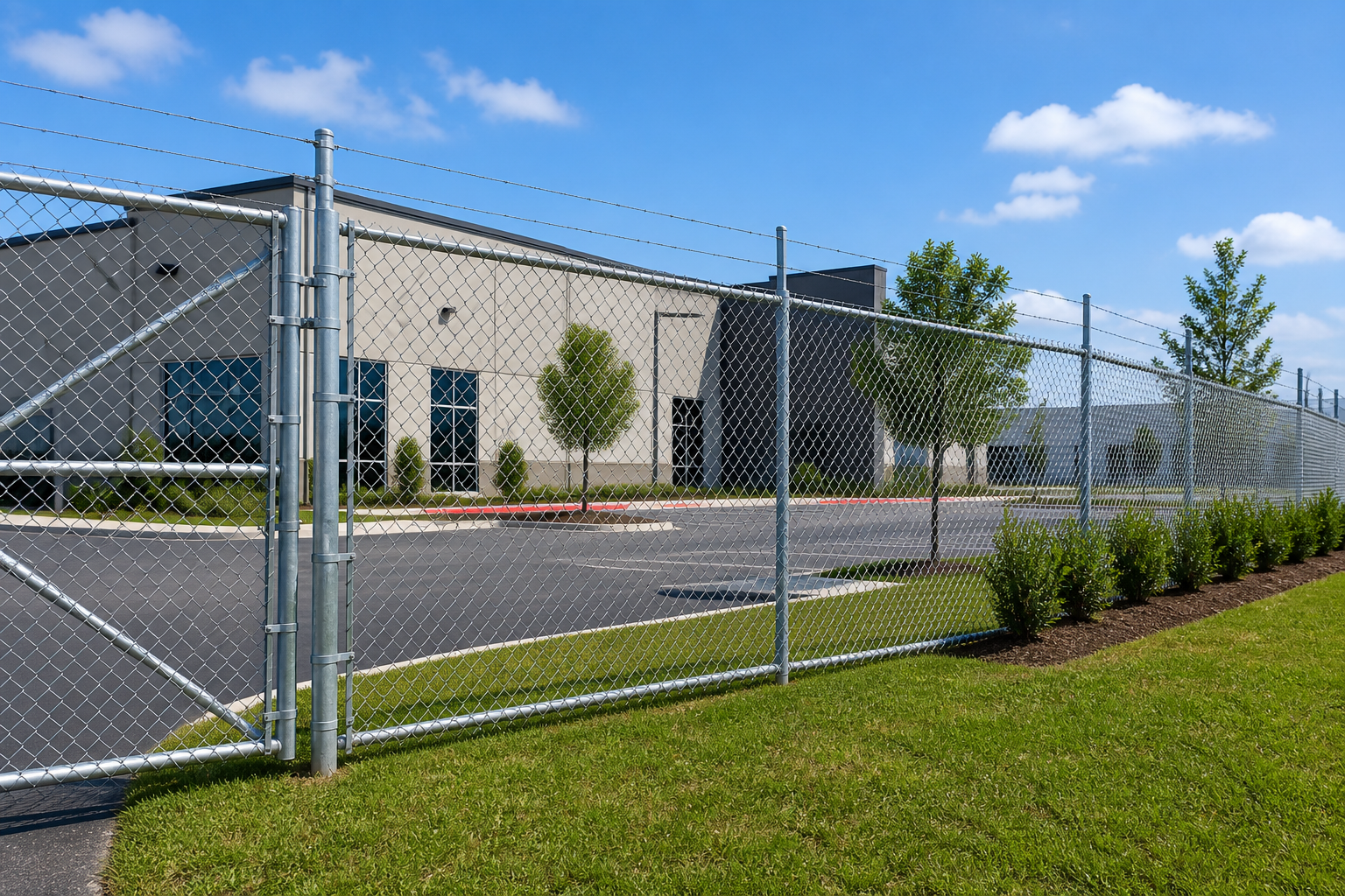Chain-link fence around commercial building