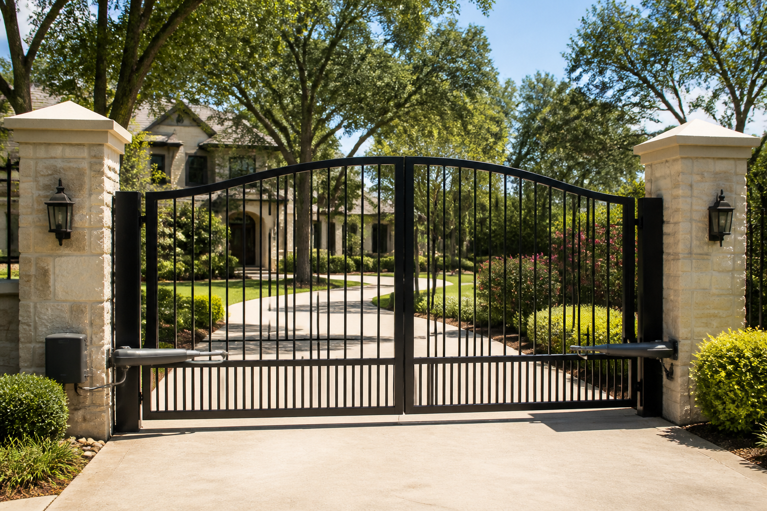 Elegant black gate with stone pillars