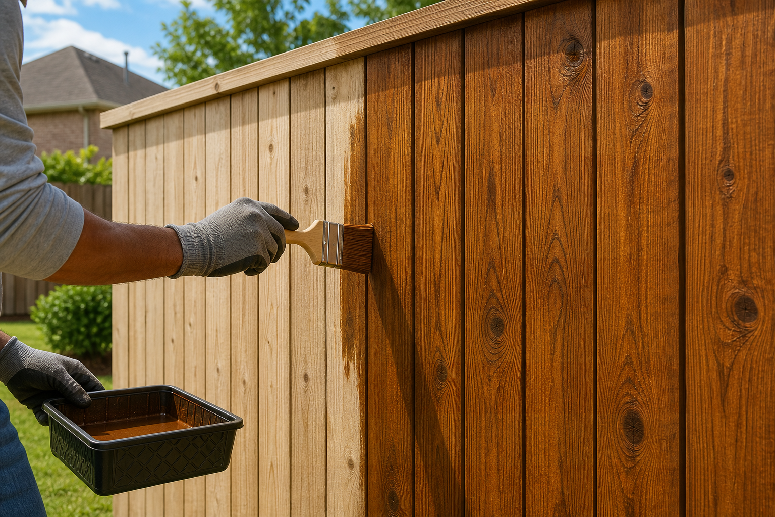 Person painting wooden fence brown