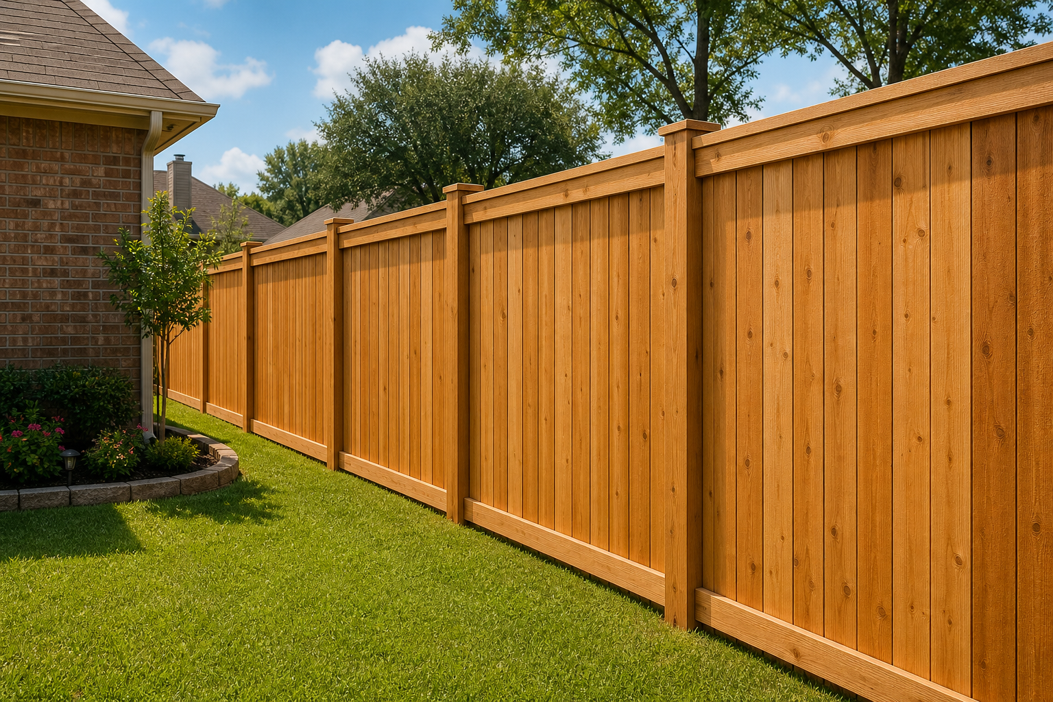 Wooden privacy fence in green yard
