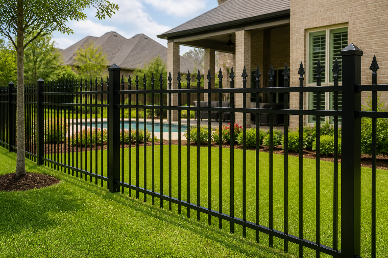 Black wrought iron fence with greenery